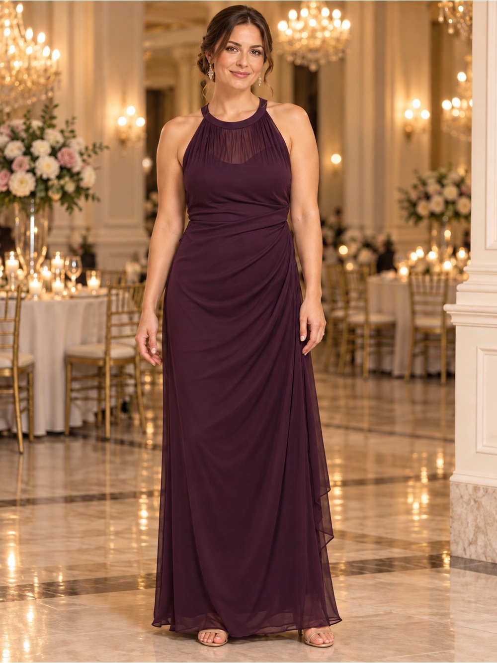 David's Bridal Plum Halter Chiffon Maxi Dress Size 15
